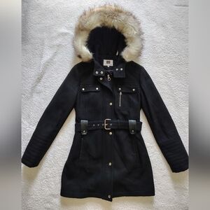 Laundry by Design Women's Medium Belted Wool Blend Coat w/ Faux Fur Hood Trim